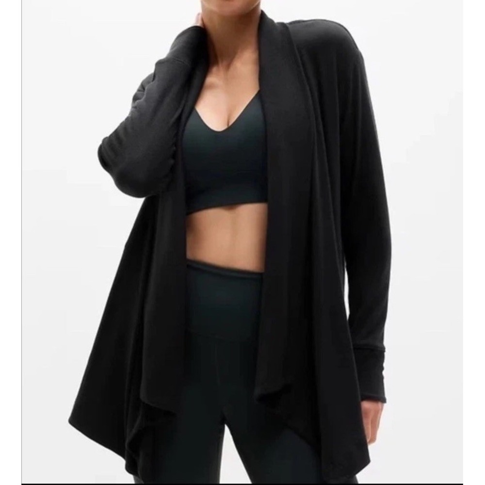 Athleta Pranayama Wrap Black‎ Open Front Cardigan Thumbholes Womens XS Yoga Soft